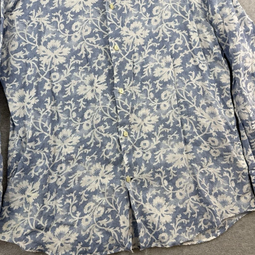 Banana Republic Men's Large Blue Floral Linen Fitted Long Sleeve Button-Up Shirt
